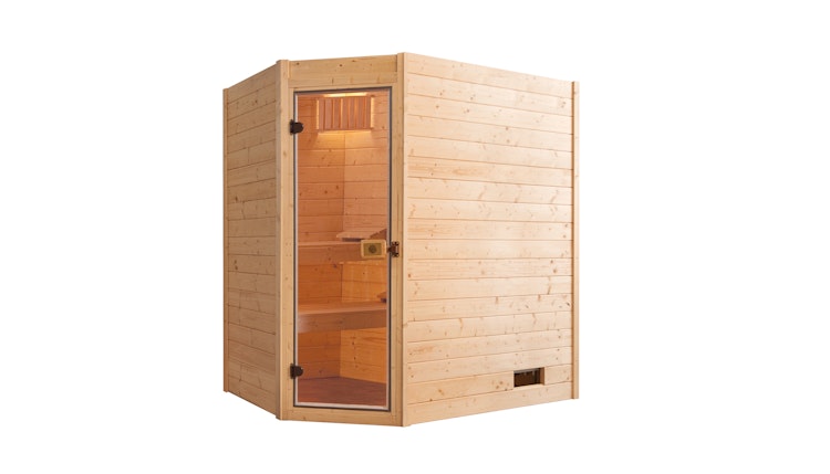 Weka Sauna Valida Eck 1 mit Glastür/Fenster- Massivholzsauna 38 mm inkl. gratis Sauna-Set im Wert von 240,40 € (10-teilig) Bild