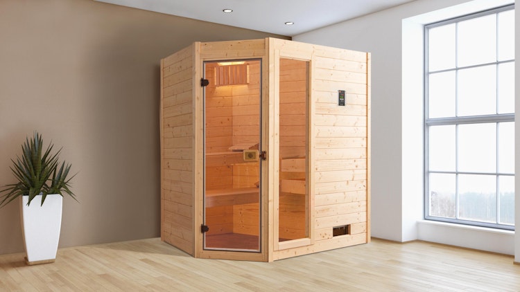 Weka Sauna Valida Eck 1 mit Glastür/Fenster- Massivholzsauna 38 mm inkl. gratis Sauna-Set im Wert von 240,40 € (10-teilig) Bild