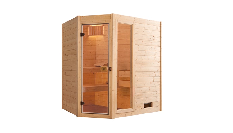 Weka Massivholzsauna Valida Eck Gr. 1 mit Glastür+Fenster Sparset 2 - "Alles dabei" inkl. gratis Sauna-Set im Wert von 240,40 € (10-teilig)  Bild