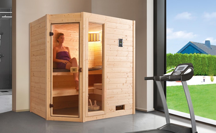 Weka Massivholzsauna Valida Eck Gr. 1 mit Glastür+Fenster Sparset 2 - "Alles dabei" inkl. gratis Sauna-Set im Wert von 240,40 € (10-teilig)  Bild