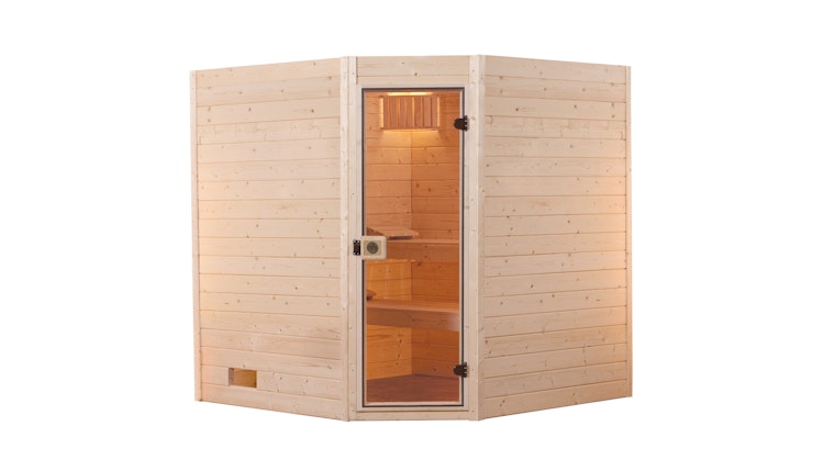 Weka Sauna Valida Eck 1.8 mit Glastür/Fenster- Massivholzsauna 38 mm inkl. gratis Sauna-Set im Wert von 240,40 € (10-teilig) Bild