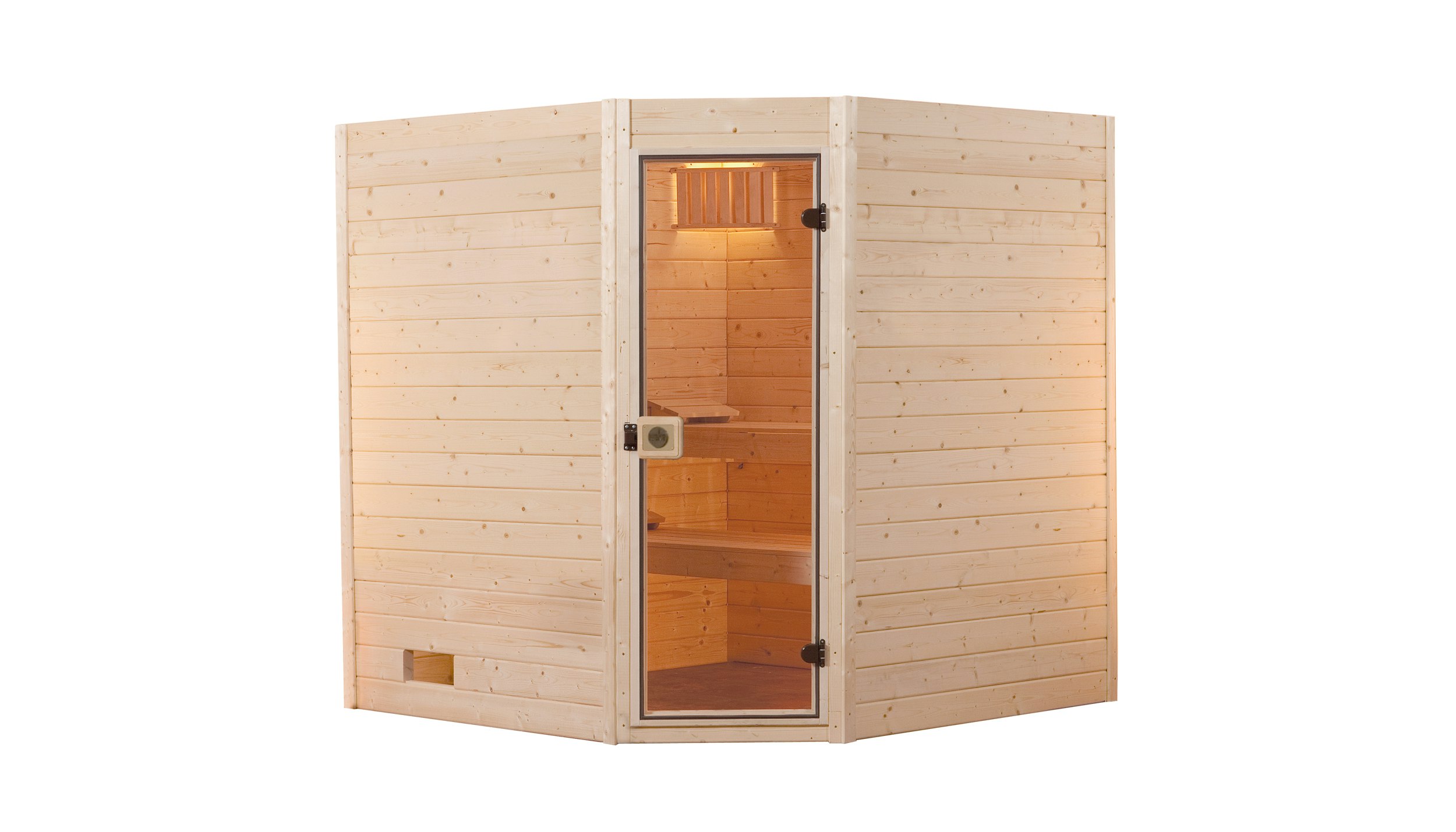 Weka Sauna Valida Eck 1.8 mit Glastür/Fenster- Massivholzsauna 38 mm inkl. 10-teiligem gratis Zubehörset (Gesamtwert 237,40 €)