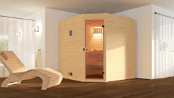 Weka Sauna Valida Eck 1.8 mit Glastür/Fenster- Massivholzsauna 38 mm inkl. gratis Sauna-Set im Wert von 240,40 € (10-teilig)