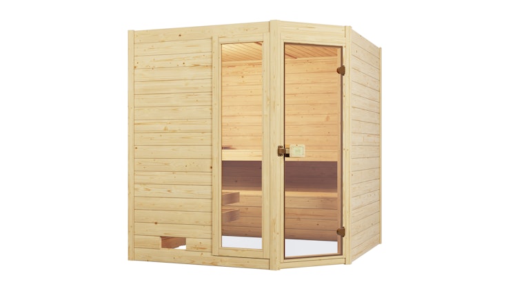 Weka Sauna Valida Eck 1.8 mit Glastür/Fenster- Massivholzsauna 38 mm inkl. gratis Sauna-Set im Wert von 240,40 € (10-teilig) Bild