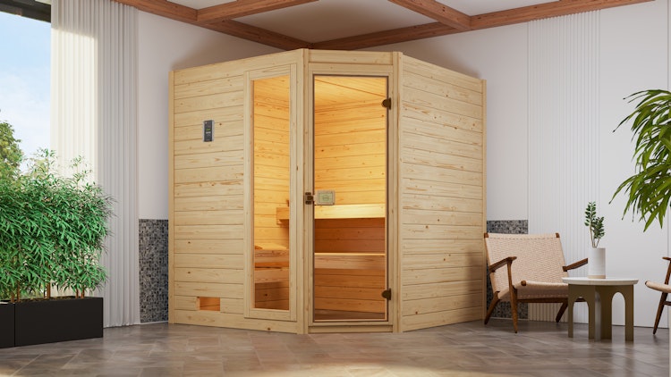 Weka Sauna Valida Eck 1.8 mit Glastür/Fenster- Massivholzsauna 38 mm inkl. gratis Sauna-Set im Wert von 240,40 € (10-teilig) Bild