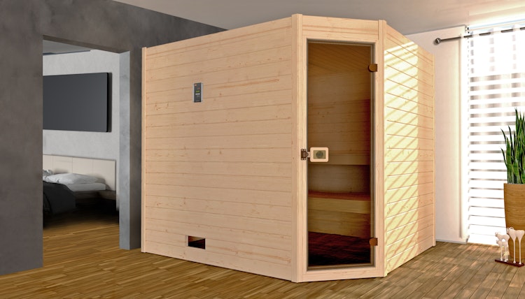 Weka Sauna Valida Eck Gr. 3 mit Glastür+Fenster - Massivholzsauna 38 mm mit Eckeinstieg inkl. gratis Sauna-Set im Wert von 240,40 € (10-teilig) Bild