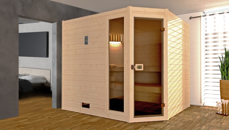 Weka Sauna Valida Eck Gr. 3 mit Glastür+Fenster - Massivholzsauna 38 mm mit Eckeinstieg inkl. gratis Sauna-Set im Wert von 240,40 € (10-teilig) Bild