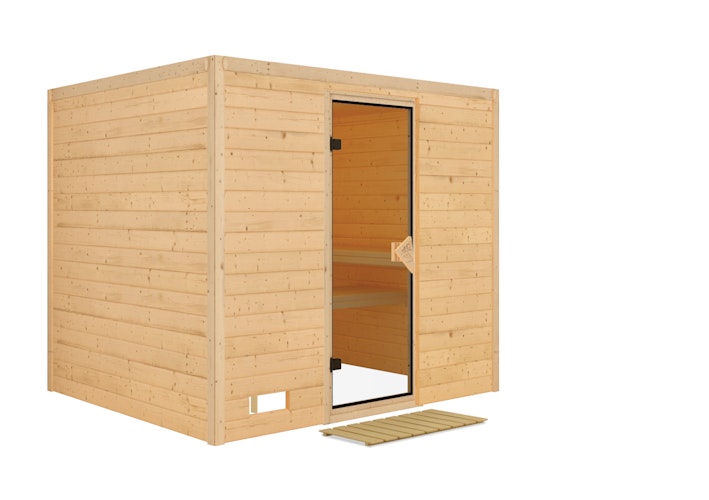 Karibu Sauna Sonara - Massivholzsauna mit Fronteinstieg 38 mm inkl. gratis Saunaofen & 8-teiligem Zubehörpaket (Gesamtwert 1071,91€) Bild