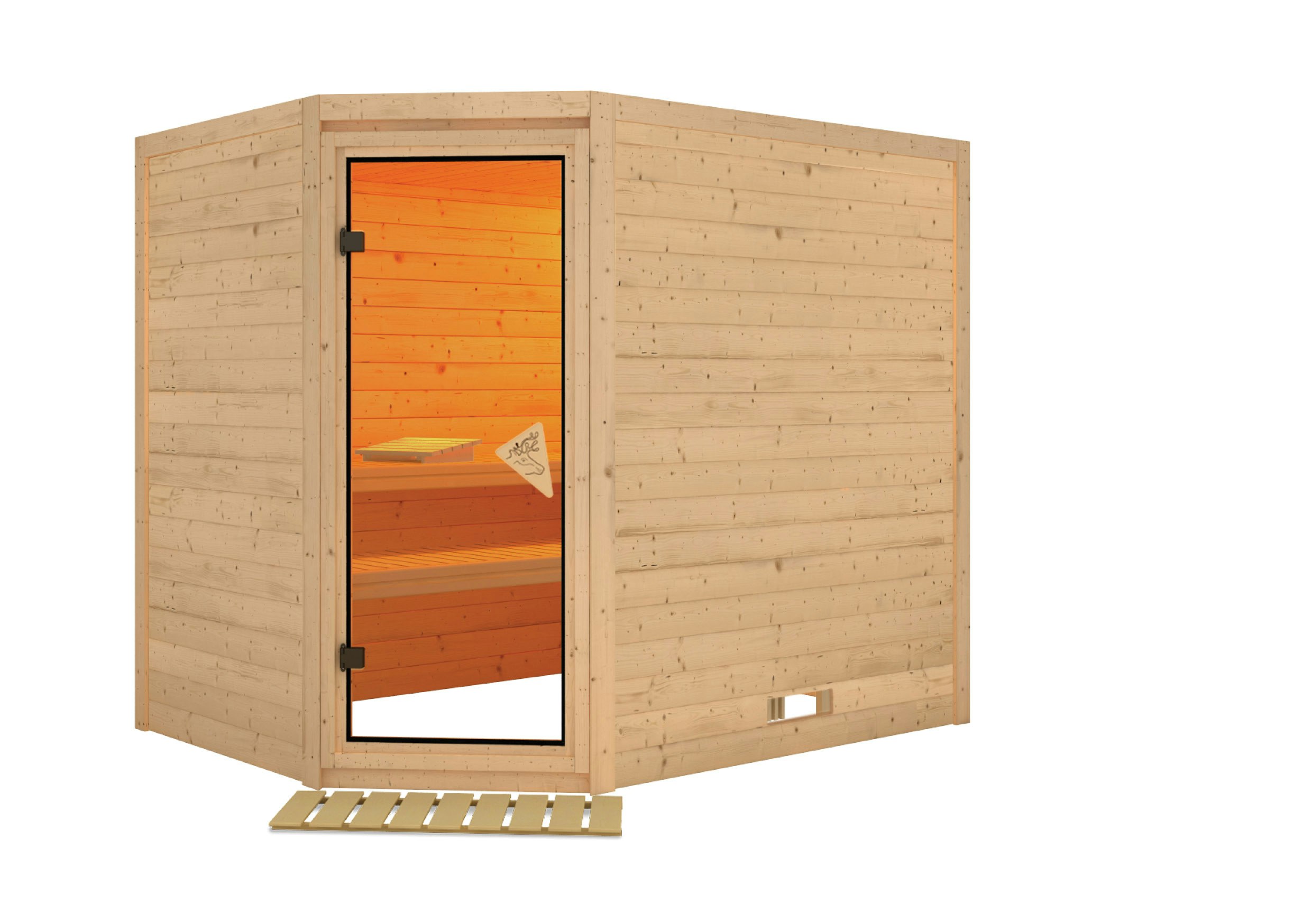 Karibu Sauna Tanami - Massivholzsauna mit Eckeinstieg 38 mm inkl. 9-teiligem gratis Zubehörpaket