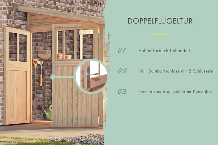 Karibu Premium Anlehn-Gartenhaus Gerätehaus Juist/Wandlitz 2/3/4/5 - 19 mm inkl. gratis Innenraum-Pflegebox im Wert von 99€