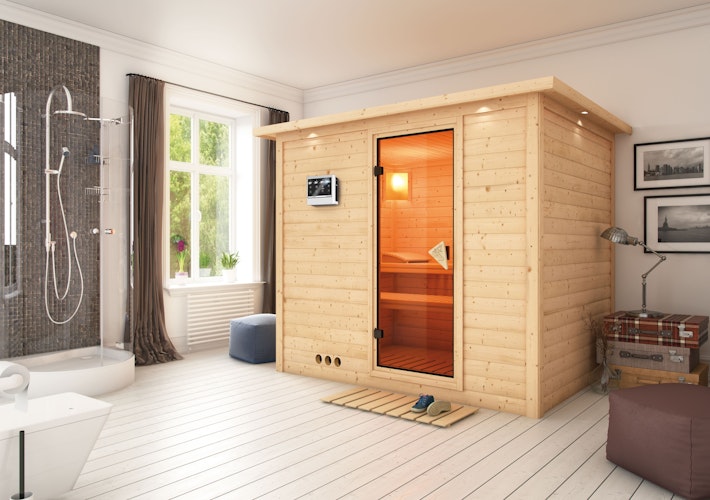 Karibu Sauna Sonara - Massivholzsauna mit Fronteinstieg 38 mm inkl. gratis Saunaofen & 8-teiligem Zubehörpaket (Gesamtwert 1071,91€) Bild