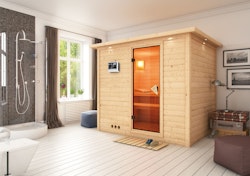 Karibu Sauna Sonara - Massivholzsauna mit Fronteinstieg 38 mm inkl. 8-teiligem gratis Zubehörpaket (Gesamtwert 191,92€)