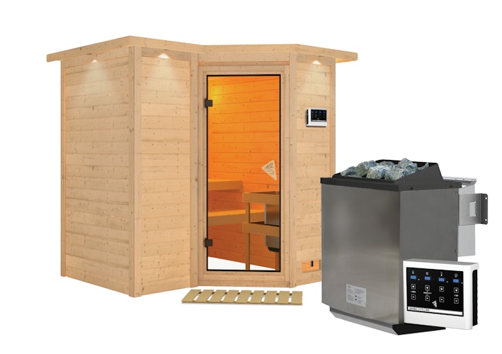 Karibu Sauna Sahib 1-Massivholzsauna 38 mm-Fronteinstieg -Exklusivoptik