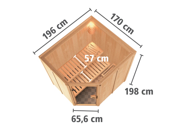 Karibu Sauna Siirin mit Eckeinstieg 68 mm inkl. gratis Saunaofen & 8-teiligem Zubehörpaket (Gesamtwert 1071,91€) Bild