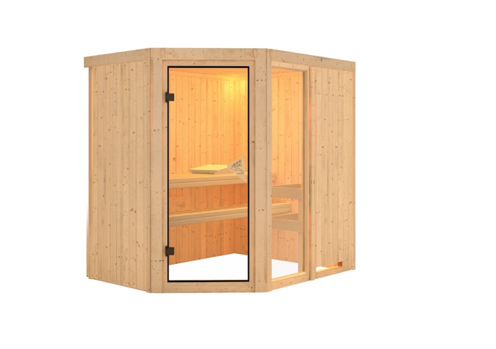 Karibu Sauna Fiona 1 mit Eckeinstieg 68 mm inkl. gratis Saunaofen & 8-teiligem Zubehörpaket (Gesamtwert 1071,91€) Bild