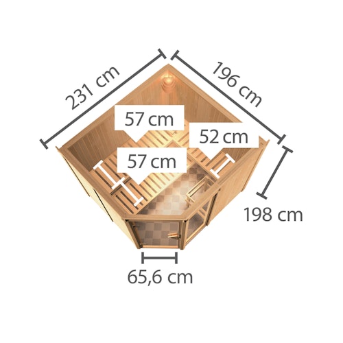 Karibu Sauna Fiona 3 mit Eckeinstieg 68 mm inkl. gratis Saunaofen & 8-teiligem Zubehörpaket (Gesamtwert 1071,91€) Bild