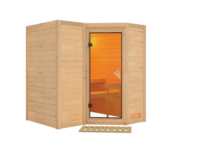 Karibu Sauna Sahib 1-Massivholzsauna 38 mm-Fronteinstieg -Exklusivoptik inkl. 8-teiligem gratis Zubehörpaket (Gesamtwert 191,92€)