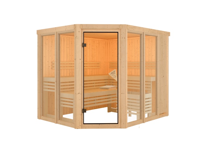 Karibu Sauna Ainur 3 Superior mit Eckeinstieg 68 mm inkl. 8-teiligem gratis Zubehörpaket (Gesamtwert 191,92€)