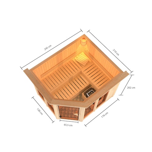 Karibu Sauna Ainur 3 Superior mit Eckeinstieg 68 mm inkl. gratis Saunaofen & 8-teiligem Zubehörpaket (Gesamtwert 1071,91€) Bild