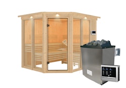 Karibu Sauna Ainur 3 Superior mit Eckeinstieg 68 mm inkl. 9-teiligem gratis Zubehörpaket