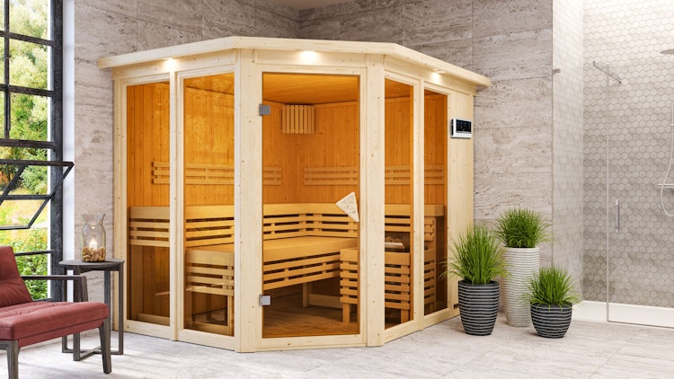 Karibu Sauna Ainur 3 Superior mit Eckeinstieg 68 mm inkl. gratis Saunaofen & 8-teiligem Zubehörpaket (Gesamtwert 1071,91€) Bild