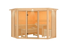 Karibu Sauna Alcinda 2 Superior mit Eckeinstieg 68 mm inkl. 9-teiligem gratis Zubehörpaket
