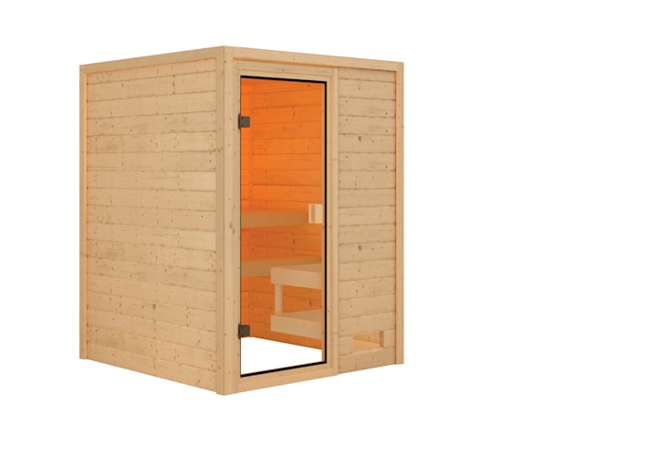 Karibu Woodfeeling Sauna Sandra - 38 mm Massivholz Aktionssauna inkl. gratis Saunaofen & 8-teiligem Zubehörpaket (Gesamtwert 1071,91€)