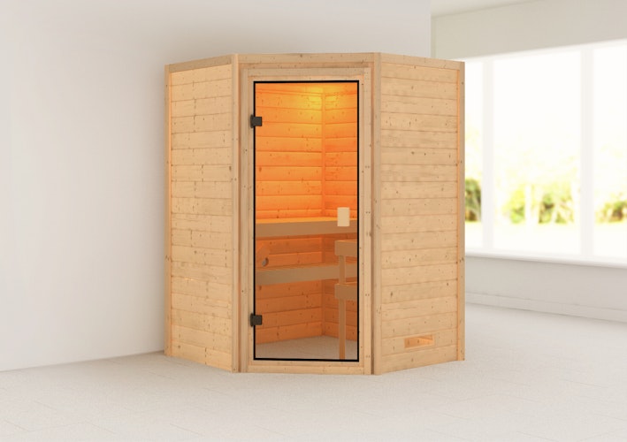 Karibu Woodfeeling Sauna Antonia - 38 mm Massivholz Aktionssauna inkl. gratis Saunaofen & 8-teiligem Zubehörpaket (Gesamtwert 1071,91€) Bild