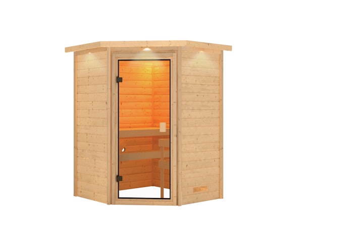 Karibu Woodfeeling Sauna Antonia - 38 mm Massivholz Aktionssauna inkl. gratis Saunaofen & 8-teiligem Zubehörpaket (Gesamtwert 1071,91€) Bild