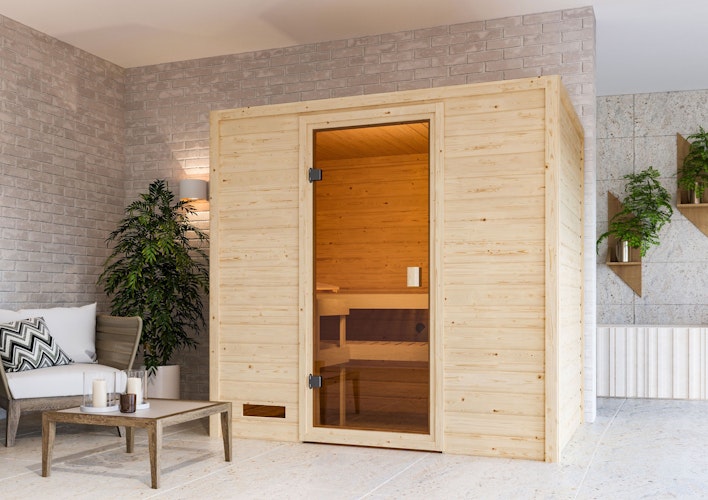 Karibu Woodfeeling Sauna Selena - 38 mm Massivholz Aktionssauna inkl. gratis Saunaofen & 8-teiligem Zubehörpaket (Gesamtwert 1071,91€) Bild