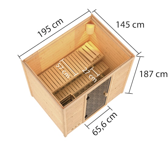 Karibu Woodfeeling Sauna Selena - 38 mm Massivholz Aktionssauna inkl. gratis Saunaofen & 8-teiligem Zubehörpaket (Gesamtwert 1071,91€) Bild