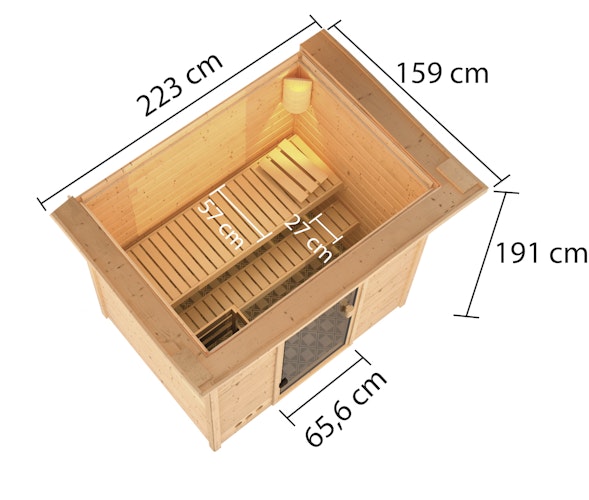 Karibu Woodfeeling Sauna Selena - 38 mm Massivholz Aktionssauna inkl. gratis Saunaofen & 8-teiligem Zubehörpaket (Gesamtwert 1071,91€) Bild