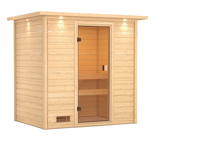 Karibu Woodfeeling Sauna Selena - 38 mm Massivholz Aktionssauna inkl. gratis Saunaofen & 8-teiligem Zubehörpaket (Gesamtwert 1071,91€) Bild