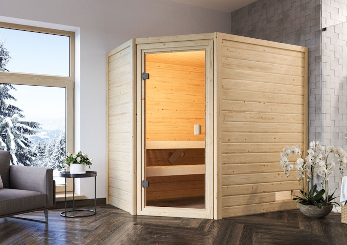 Karibu Woodfeeling Sauna Jella - 38 mm Massivholz Aktionssauna inkl. gratis Saunaofen & 8-teiligem Zubehörpaket (Gesamtwert 1071,91€)