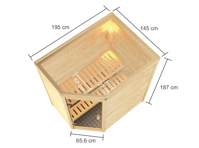 Karibu Woodfeeling Sauna Jella - 38 mm Massivholz Aktionssauna inkl. gratis Saunaofen & 8-teiligem Zubehörpaket (Gesamtwert 1071,91€)