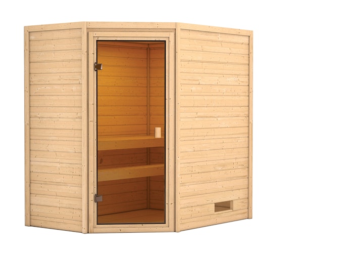 Karibu Woodfeeling Sauna Jella - 38 mm Massivholz Aktionssauna inkl. gratis Saunaofen & 8-teiligem Zubehörpaket (Gesamtwert 1071,91€)