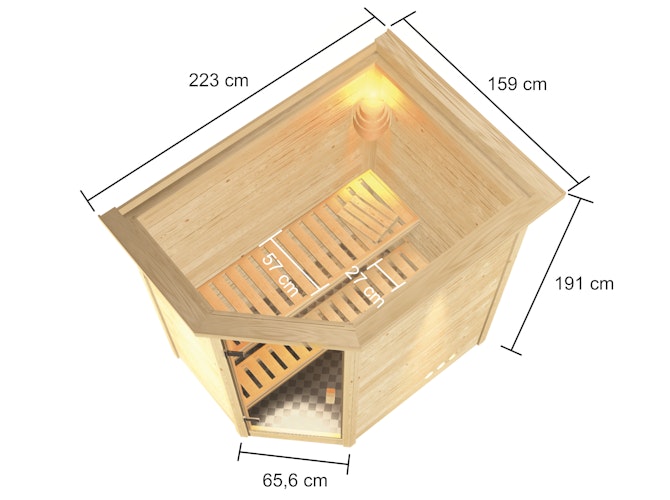 Karibu Woodfeeling Sauna Jella - 38 mm Massivholz Aktionssauna inkl. gratis Saunaofen & 8-teiligem Zubehörpaket (Gesamtwert 1071,91€)