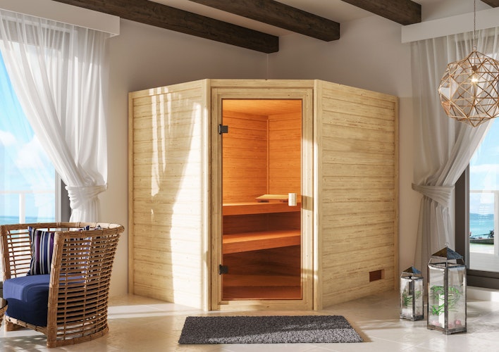 Karibu Woodfeeling Sauna Elea - 38 mm Massivholz Aktionssauna inkl. gratis Saunaofen & 8-teiligem Zubehörpaket (Gesamtwert 1071,91€) Bild