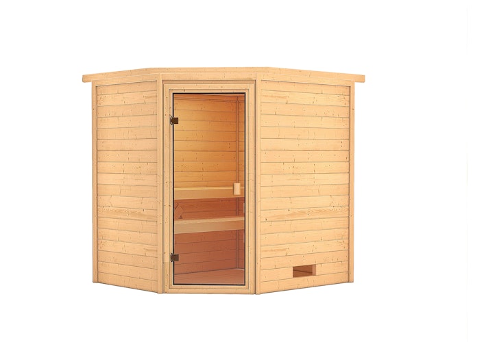 Karibu Woodfeeling Sauna Elea - 38 mm Massivholz Aktionssauna inkl. gratis Saunaofen & 8-teiligem Zubehörpaket (Gesamtwert 1071,91€) Bild