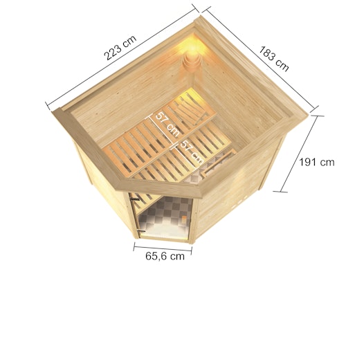 Karibu Woodfeeling Sauna Elea - 38 mm Massivholz Aktionssauna inkl. gratis Saunaofen & 8-teiligem Zubehörpaket (Gesamtwert 1071,91€) Bild