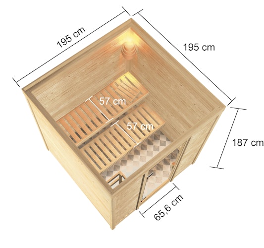 Karibu Woodfeeling Sauna Jara - 38 mm Massivholz Aktionssauna inkl. gratis Saunaofen & 8-teiligem Zubehörpaket (Gesamtwert 1071,91€) Bild