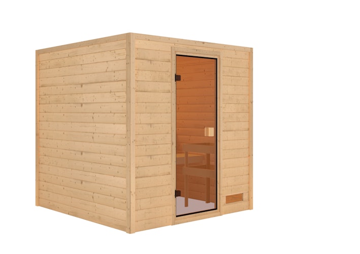 Karibu Woodfeeling Sauna Jara - 38 mm Massivholz Aktionssauna inkl. gratis Saunaofen & 8-teiligem Zubehörpaket (Gesamtwert 1071,91€) Bild