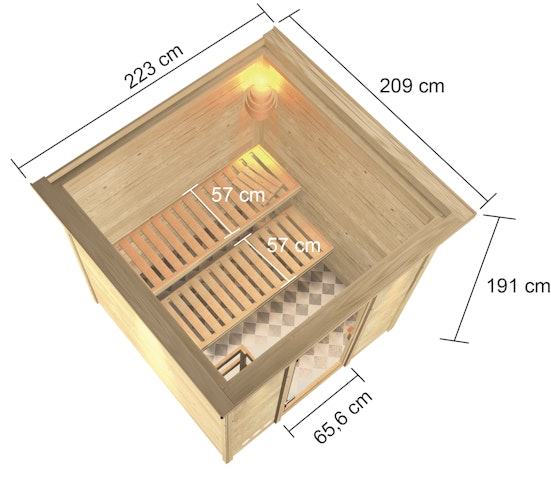 Karibu Woodfeeling Sauna Jara - 38 mm Massivholz Aktionssauna inkl. gratis Saunaofen & 8-teiligem Zubehörpaket (Gesamtwert 1071,91€) Bild