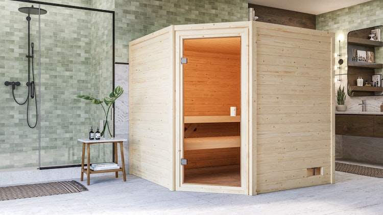 Karibu Woodfeeling Sauna Tilda - 38 mm Massivholz Aktionssauna inkl. gratis Saunaofen & 8-teiligem Zubehörpaket (Gesamtwert 1071,91€) Bild