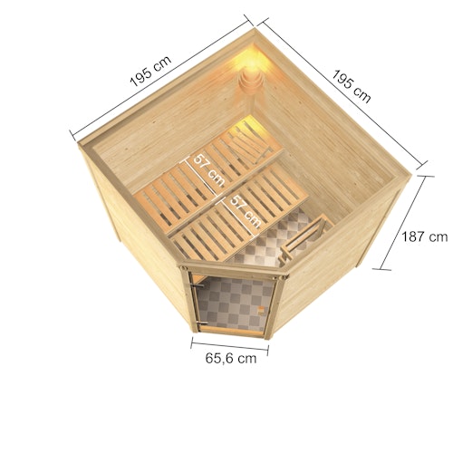 Karibu Woodfeeling Sauna Tilda - 38 mm Massivholz Aktionssauna inkl. gratis Saunaofen & 8-teiligem Zubehörpaket (Gesamtwert 1071,91€) Bild