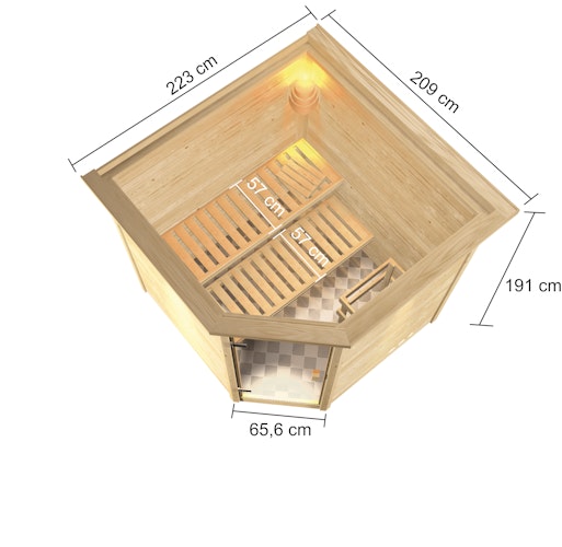 Karibu Woodfeeling Sauna Tilda - 38 mm Massivholz Aktionssauna inkl. gratis Saunaofen & 8-teiligem Zubehörpaket (Gesamtwert 1071,91€) Bild