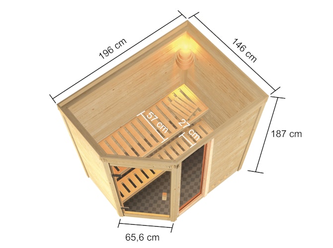 Karibu Woodfeeling Sauna Jada - 38 mm Massivholz Aktionssauna inkl. gratis Saunaofen & 8-teiligem Zubehörpaket (Gesamtwert 1071,91€) Bild