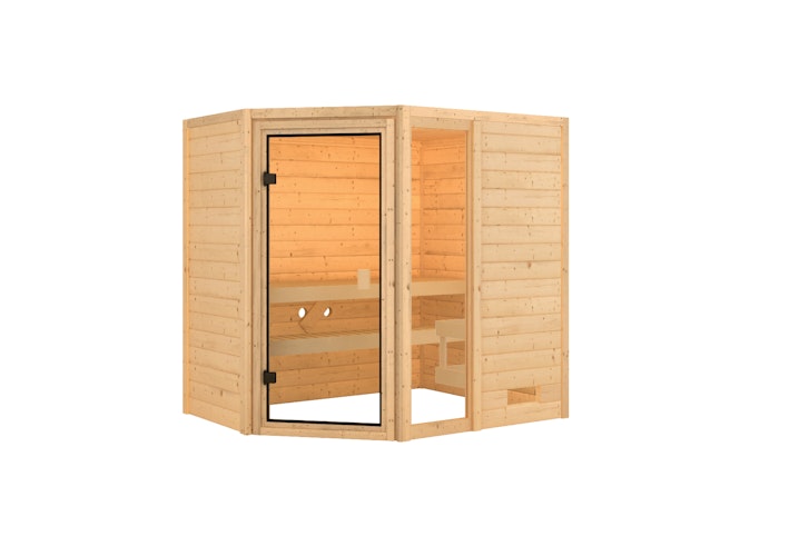 Karibu Woodfeeling Sauna Jada - 38 mm Massivholz Aktionssauna inkl. gratis Saunaofen & 8-teiligem Zubehörpaket (Gesamtwert 1071,91€) Bild