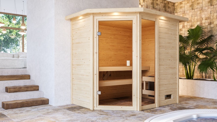 Karibu Woodfeeling Sauna Jada - 38 mm Massivholz Aktionssauna inkl. gratis Saunaofen & 8-teiligem Zubehörpaket (Gesamtwert 1071,91€) Bild