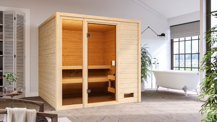 Karibu Woodfeeling Sauna Jutta - 38 mm Massivholz Aktionssauna inkl. gratis Saunaofen & 8-teiligem Zubehörpaket (Gesamtwert 1071,91€) Bild